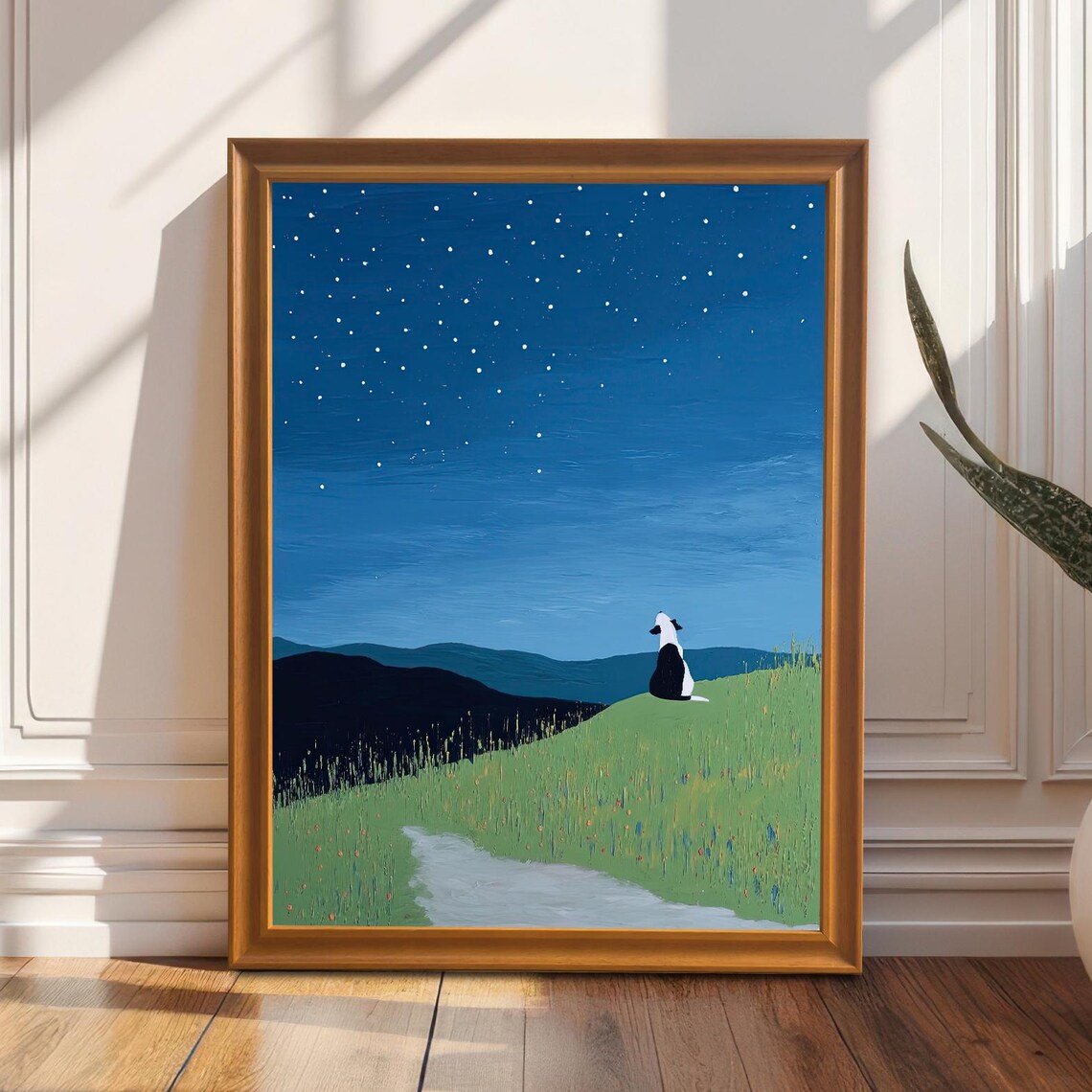 Dog Stargazing On A Hillside Under A Starry Night Sky Painting Poster
