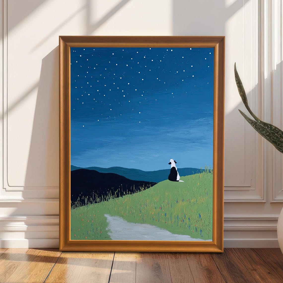 Dog Stargazing On Hillside Wood Framed Art Print Night Sky Landscape Wall Decor