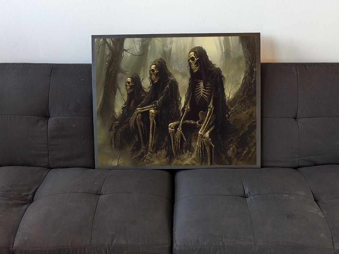 Three Hooded Skeletons Misty Dark Forest Gothic Halloween Art Poster - Image 4