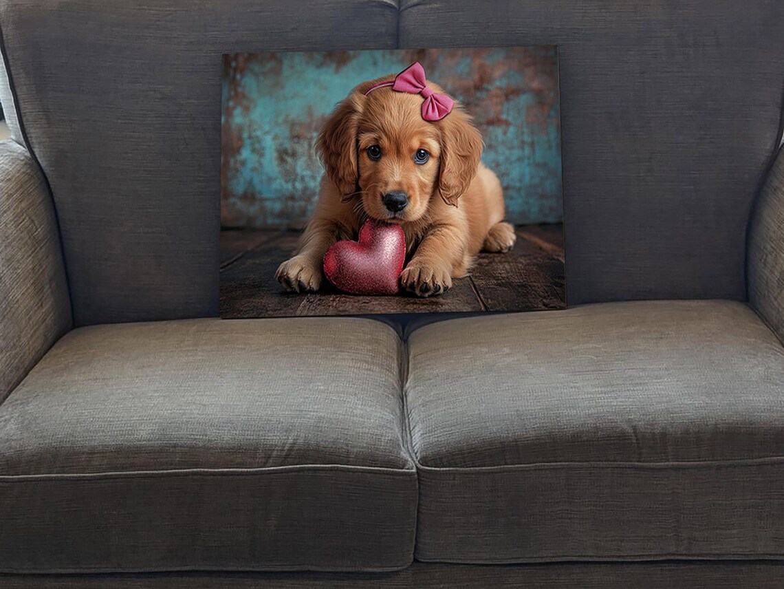 Sweet Golden Retriever Puppy With Pink Bow Holding Heart Wall Art - Image 5