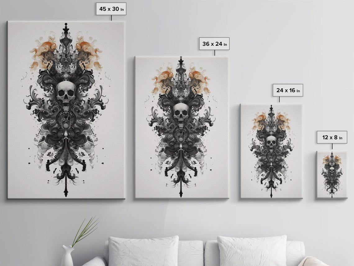 Gothic Skull Ink Ornament Baroque Black White Abstract Art Poster - Image 3