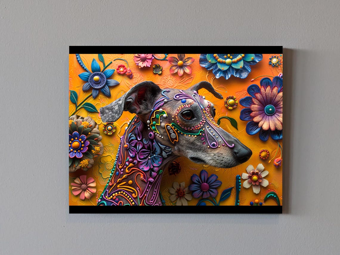 Greyhound Alebrije Floral Patterns Orange Background Folk Art Poster