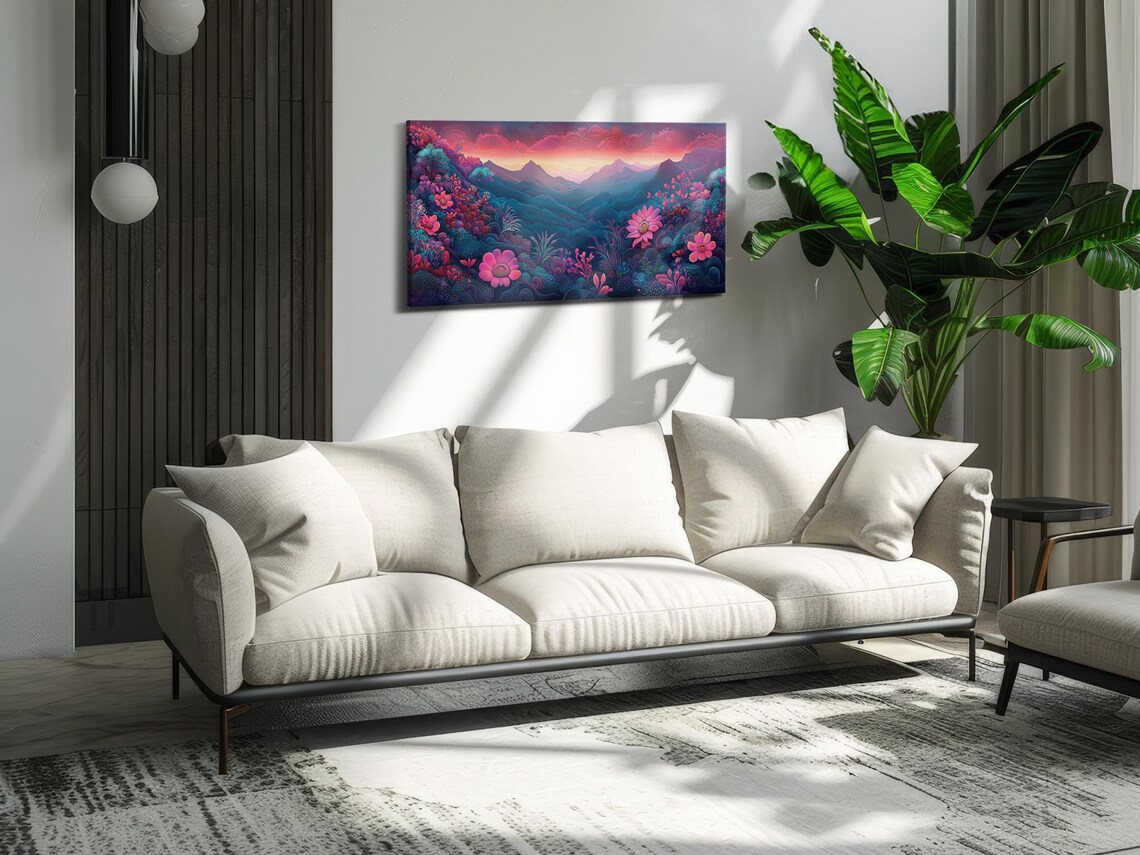 Pink Twilight Blooms Fantasy Valley Mountain Landscape Art Poster - Image 3