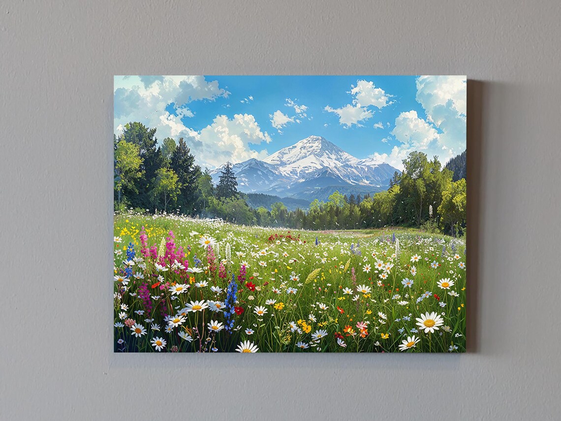 Snowy Mountain Peak Wildflower Meadow Daisies Pine Trees Nature Poster