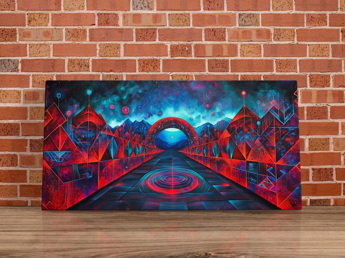 Cosmic Red Passage Neon Futuristic Corridor Sci Fi Art Poster