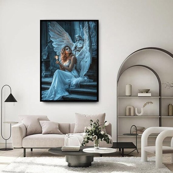 Beautiful Angel Woman With Wings Holding Candle Blue Toned Art Poster