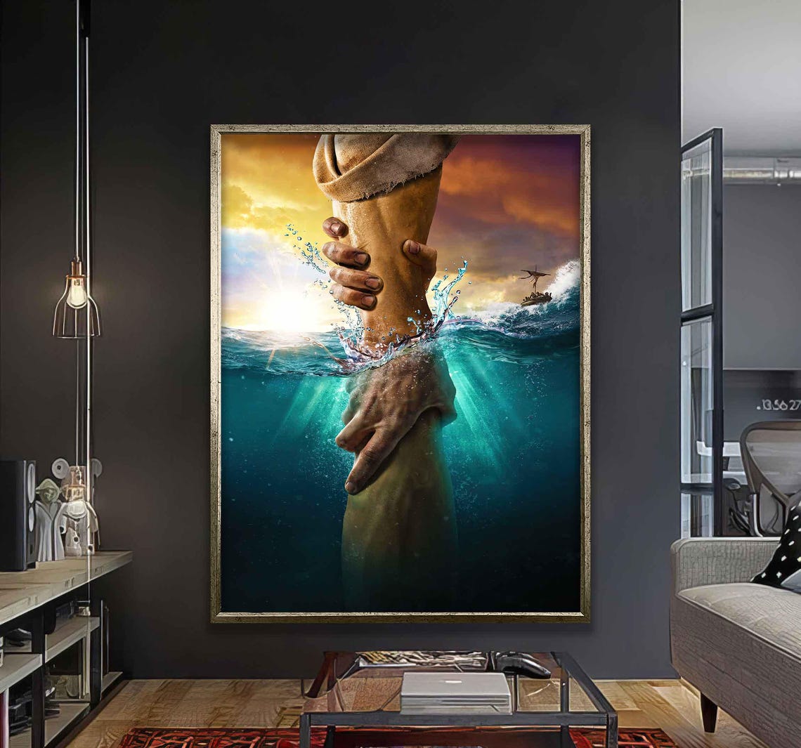Rescue Hand From Ocean Waves Hope Inspirational Modern Art Poster