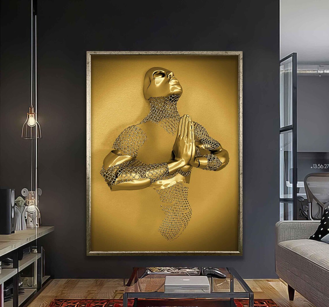 Golden Praying Figure Metallic Chainmail Luxury Modern Art Poster