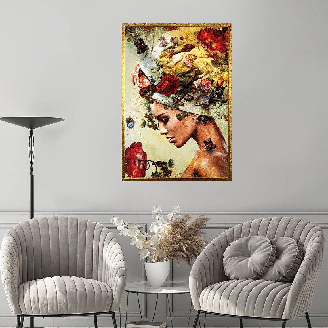 Elegant Woman Portrait Floral Headdress Butterflies Vintage Art Poster