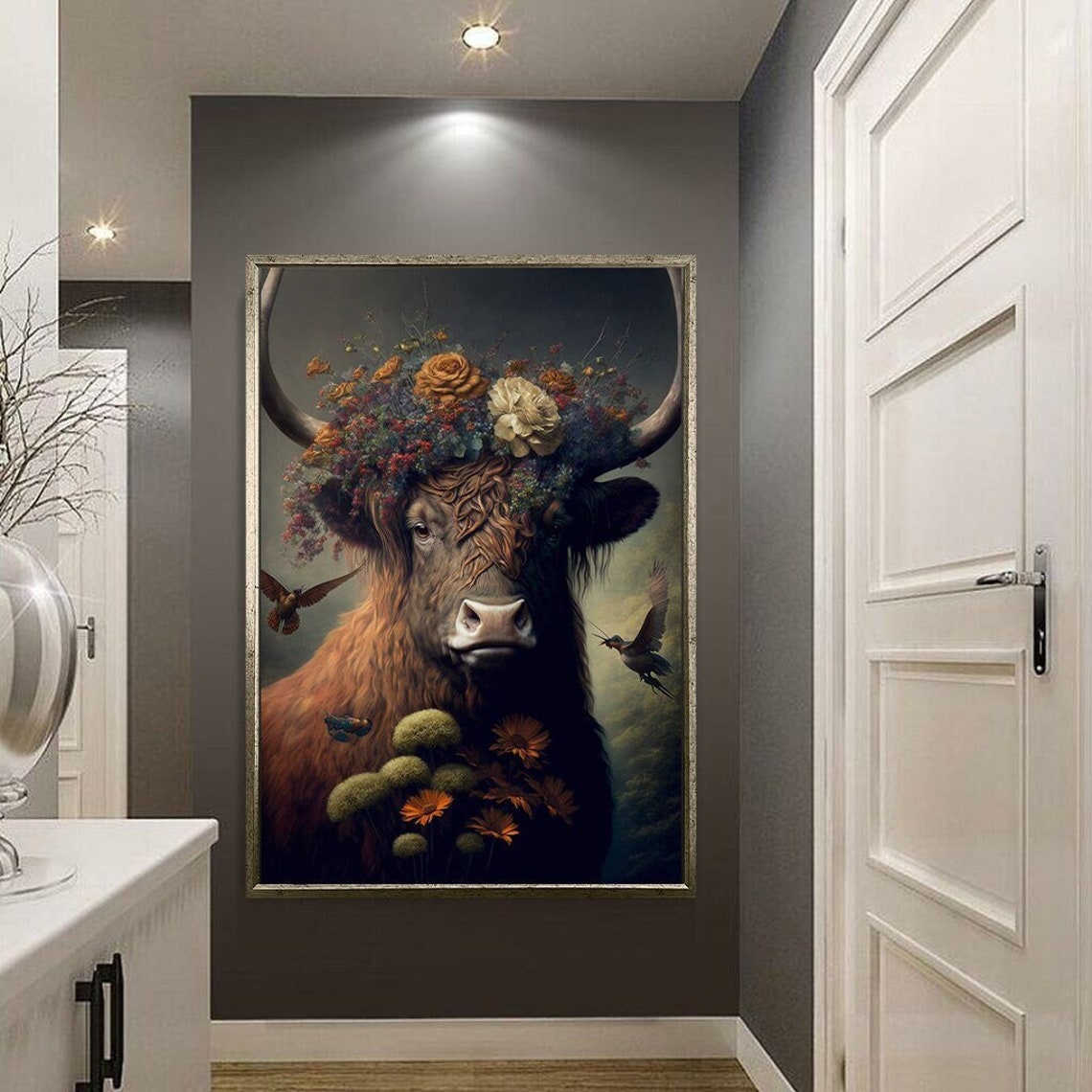 Highland Cow Floral Crown Hummingbirds Rustic Farm Animal Art Poster