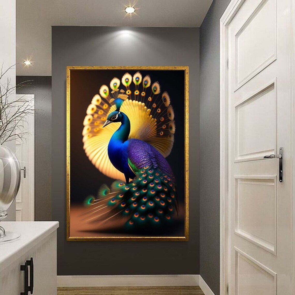 Majestic Peacock Golden Tail Display Jewel Tone Bird Wall Poster