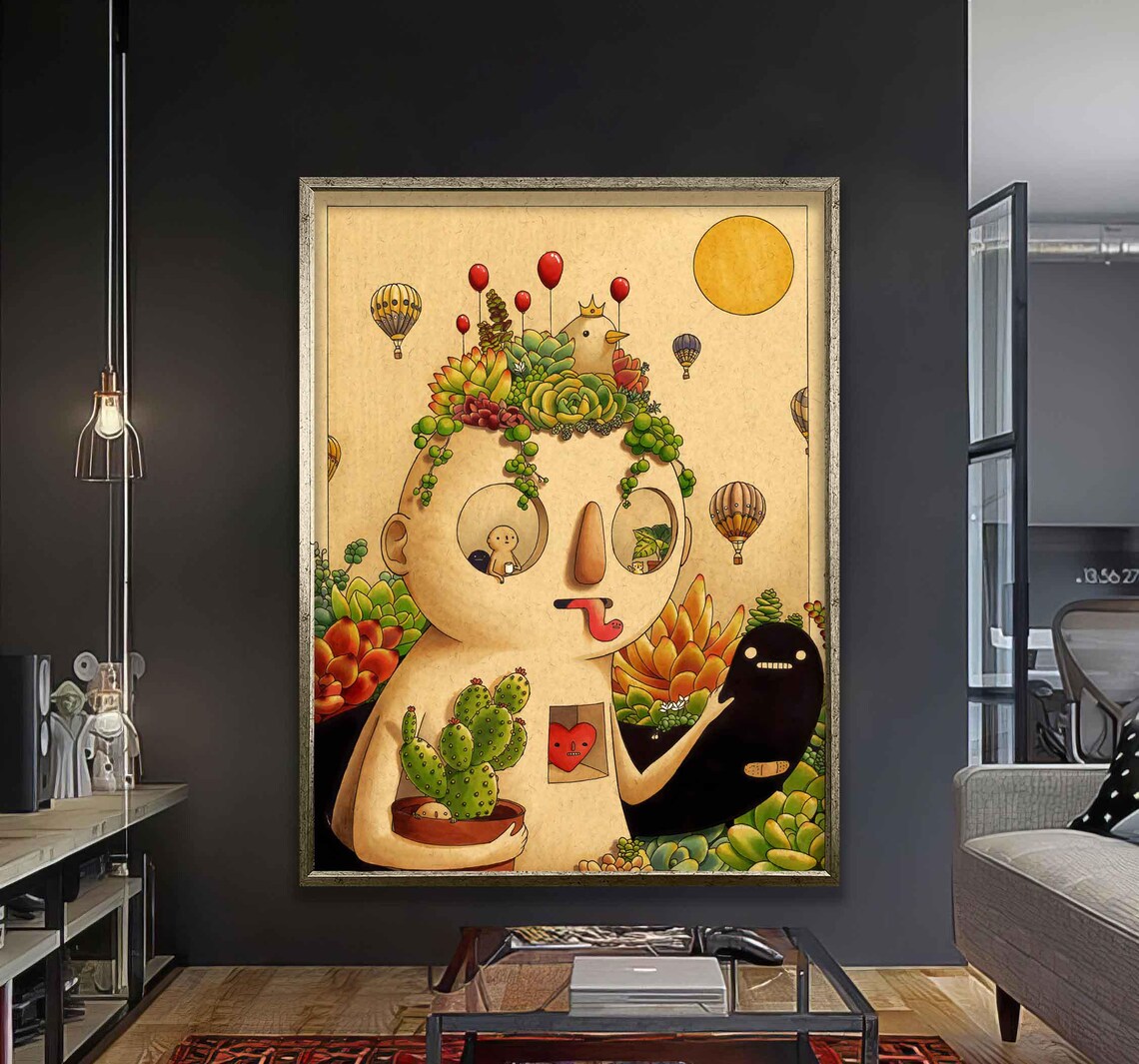Whimsical Succulent Character With Cacti Playful Kids Room Art Poster