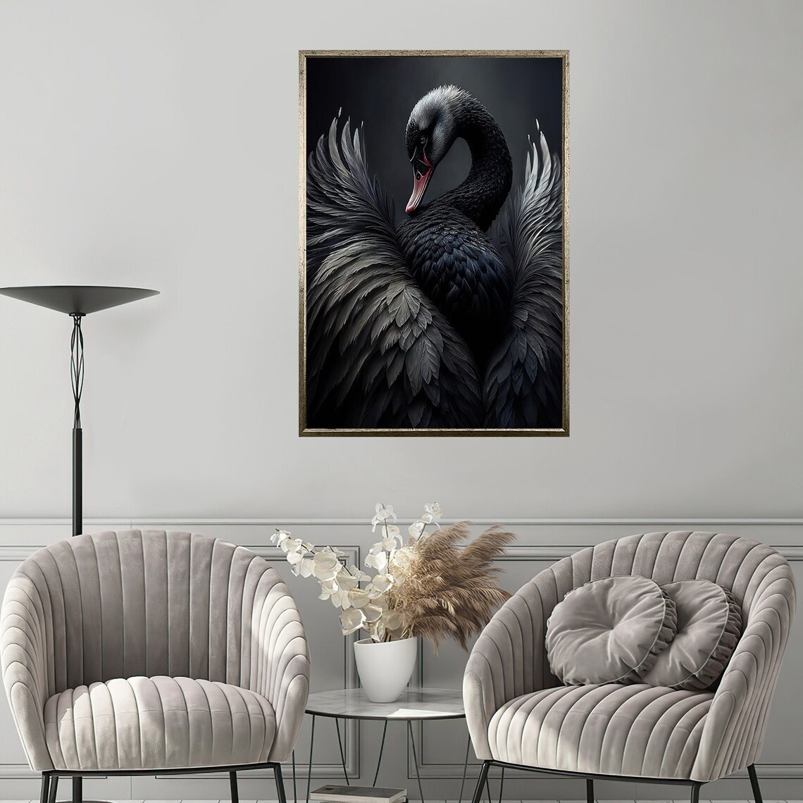 Black Swan Spread Wings Dark Background Elegant Bird Wall Art Poster