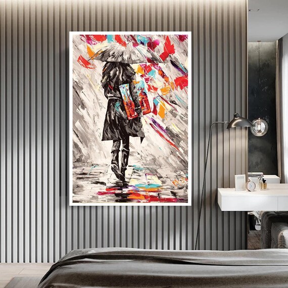 Woman With Umbrella Walking In Rainy City Colorful Street Wall Art Print