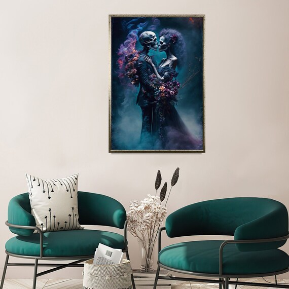Surreal Skeleton Couple Embrace Gothic Love Blue Smoke Art Poster