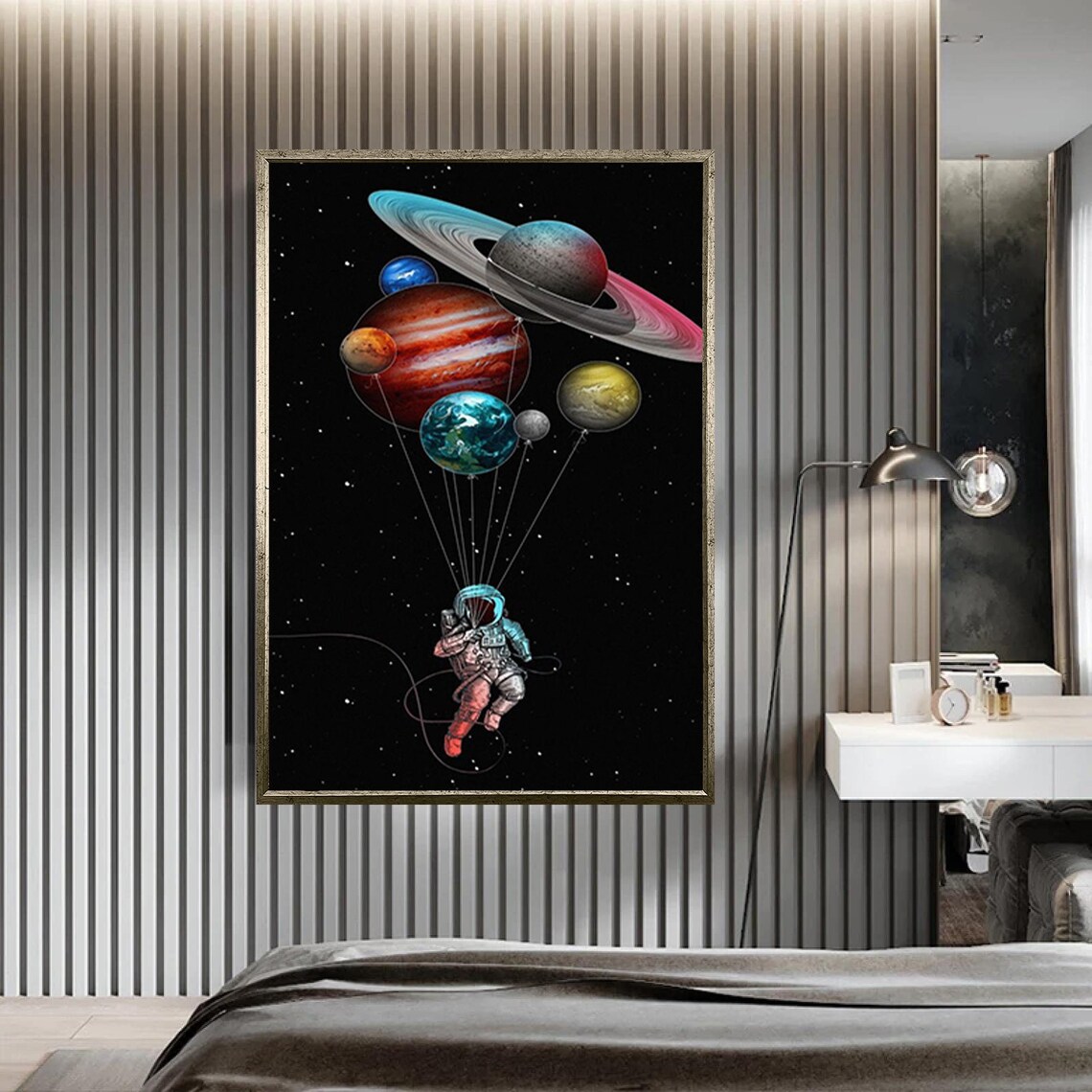 Astronaut Holding Planet Balloons Surreal Space Adventure Art Poster