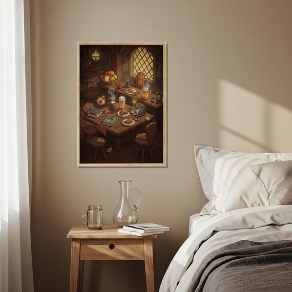 Cozy Medieval Dwarven Tavern Fantasy Inn Scene Storybook Art Poster