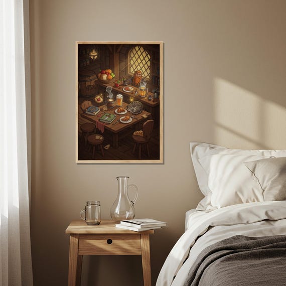 Medieval Tavern Wooden Poster Cozy Fantasy Inn Art Print Dwarven Pub Illustration Rustic Storybook Scene On Wood