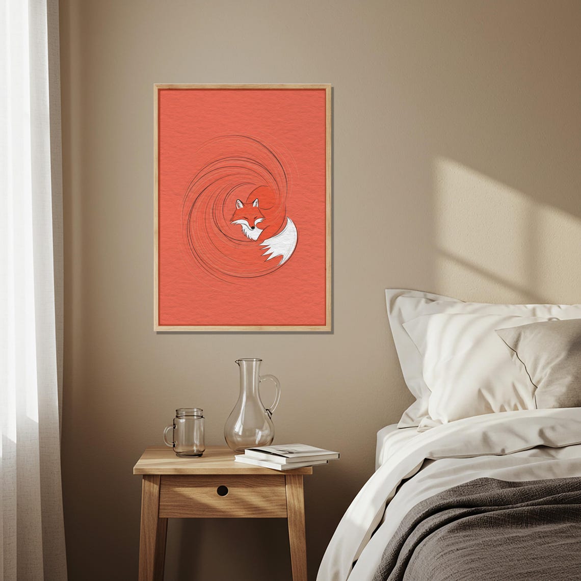 Red Fox Curled In Spiral Tail Coral Background Nursery Poster