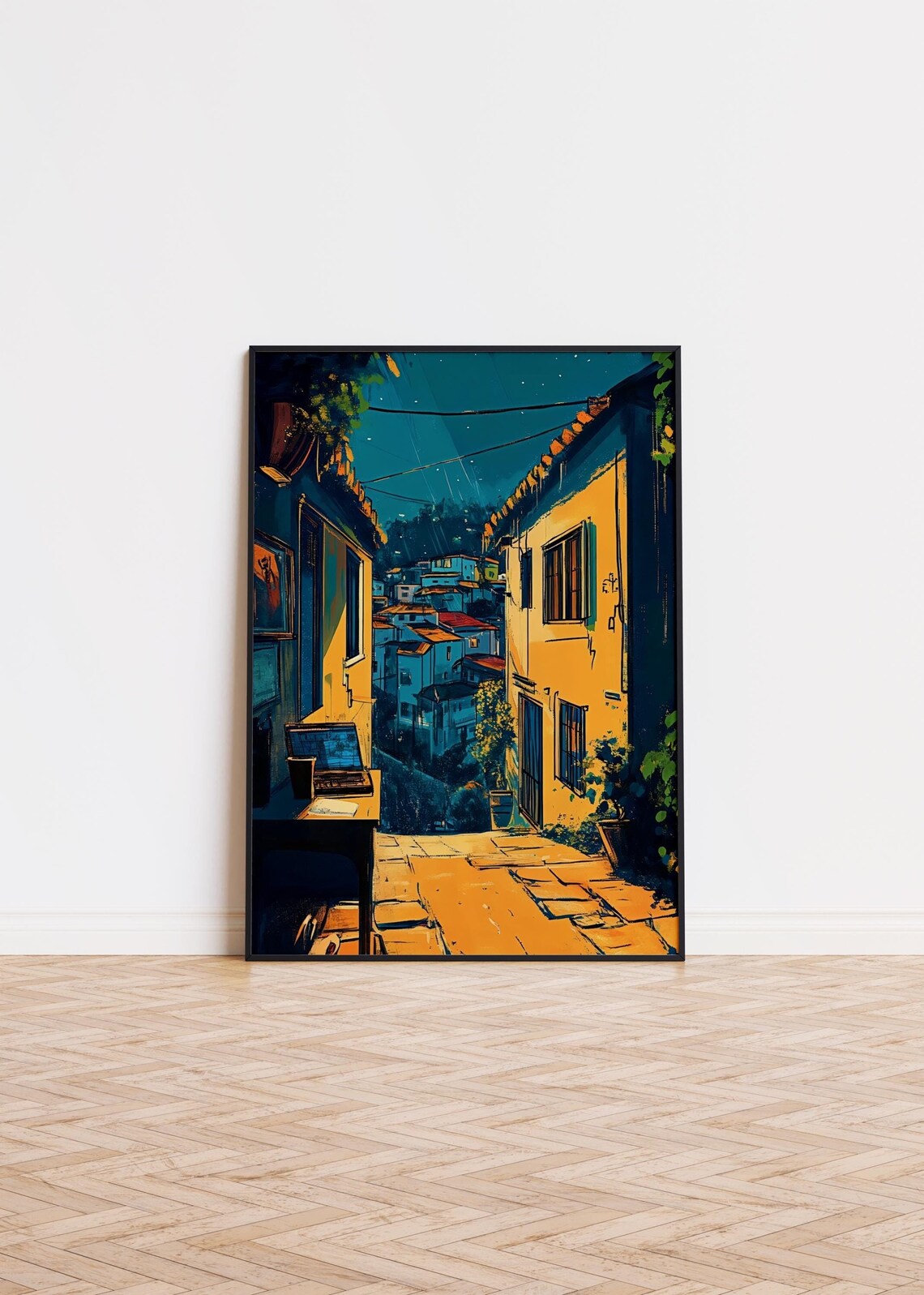Cozy Night Alleyway Street Desk Under Stars Cityscape Poster