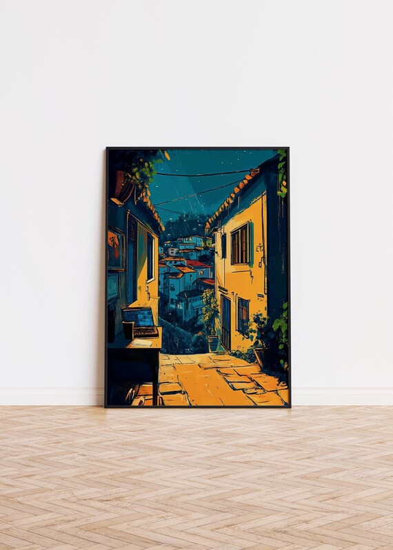 Cozy Night Alleyway Street Desk Under Stars Cityscape Poster
