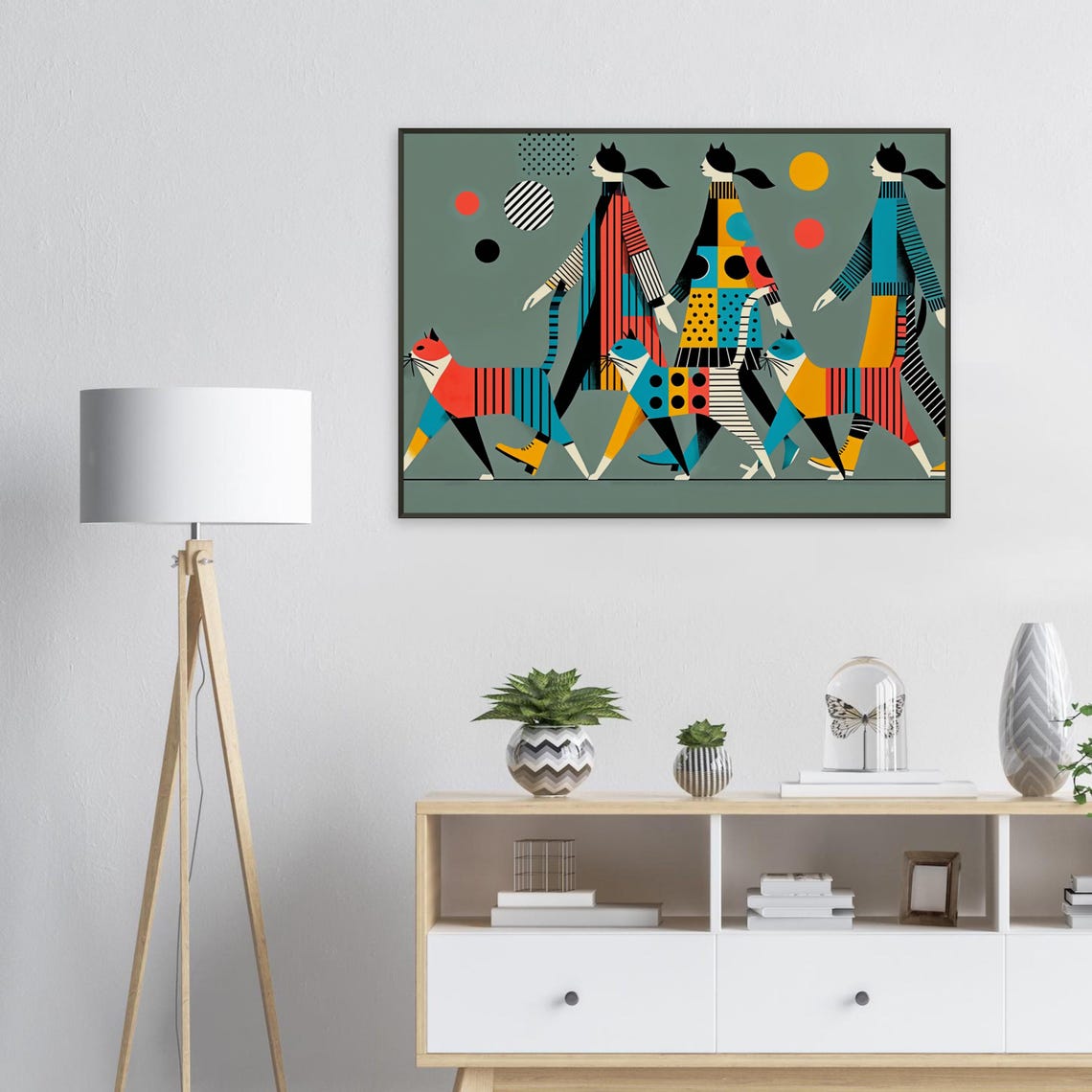 Three Women Walking Bold Patterned Cats Geometric Cat Art Poster - Image 2