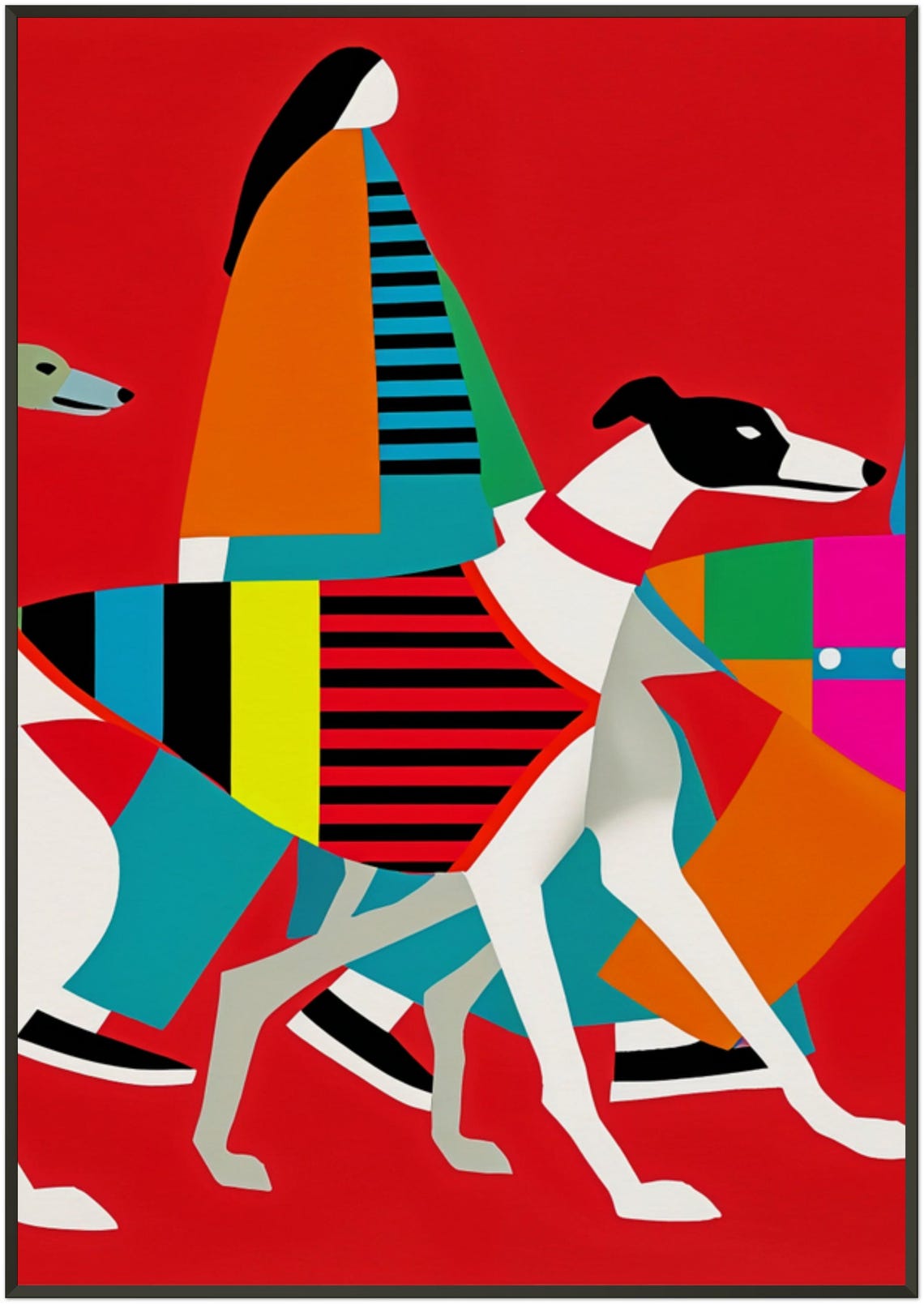 Two Women Walking Three Greyhounds Bold Red Modern Art Poster - Image 5