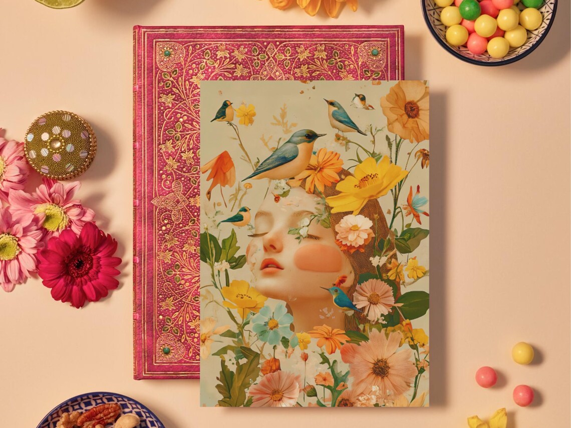 Vintage Floral Lady Portrait Yellow Poppies Birds Art Poster - Image 3