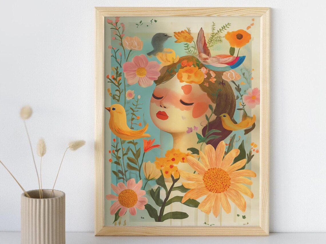 Vintage Floral Lady Portrait With Bright Songbirds Boho Art Poster