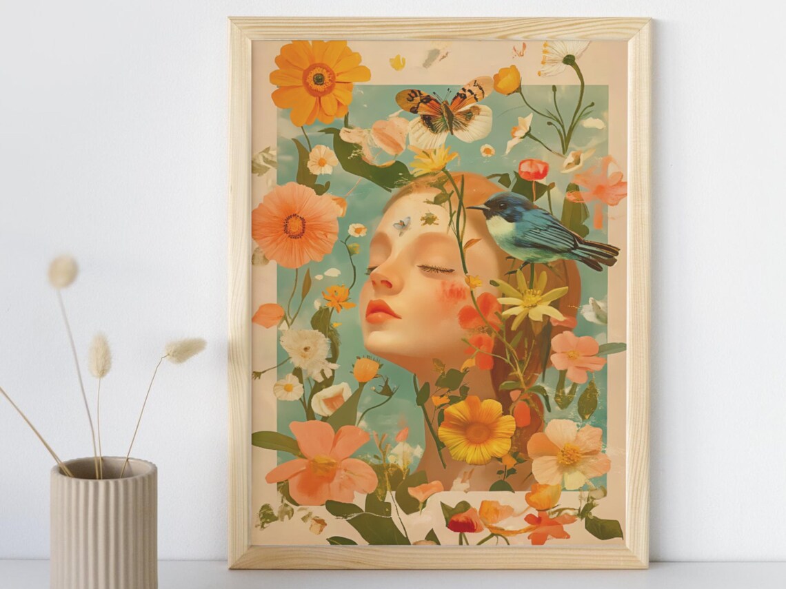 Vintage Floral Lady Portrait Orange Blooms Bluebirds Art Poster