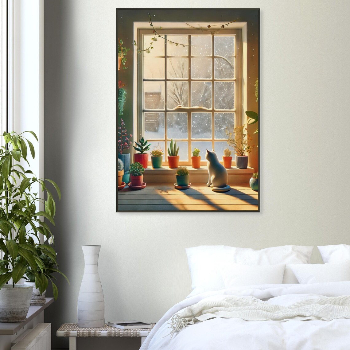 White Cat Winter Snowfall Window Houseplant Cozy Scene Poster - Image 3