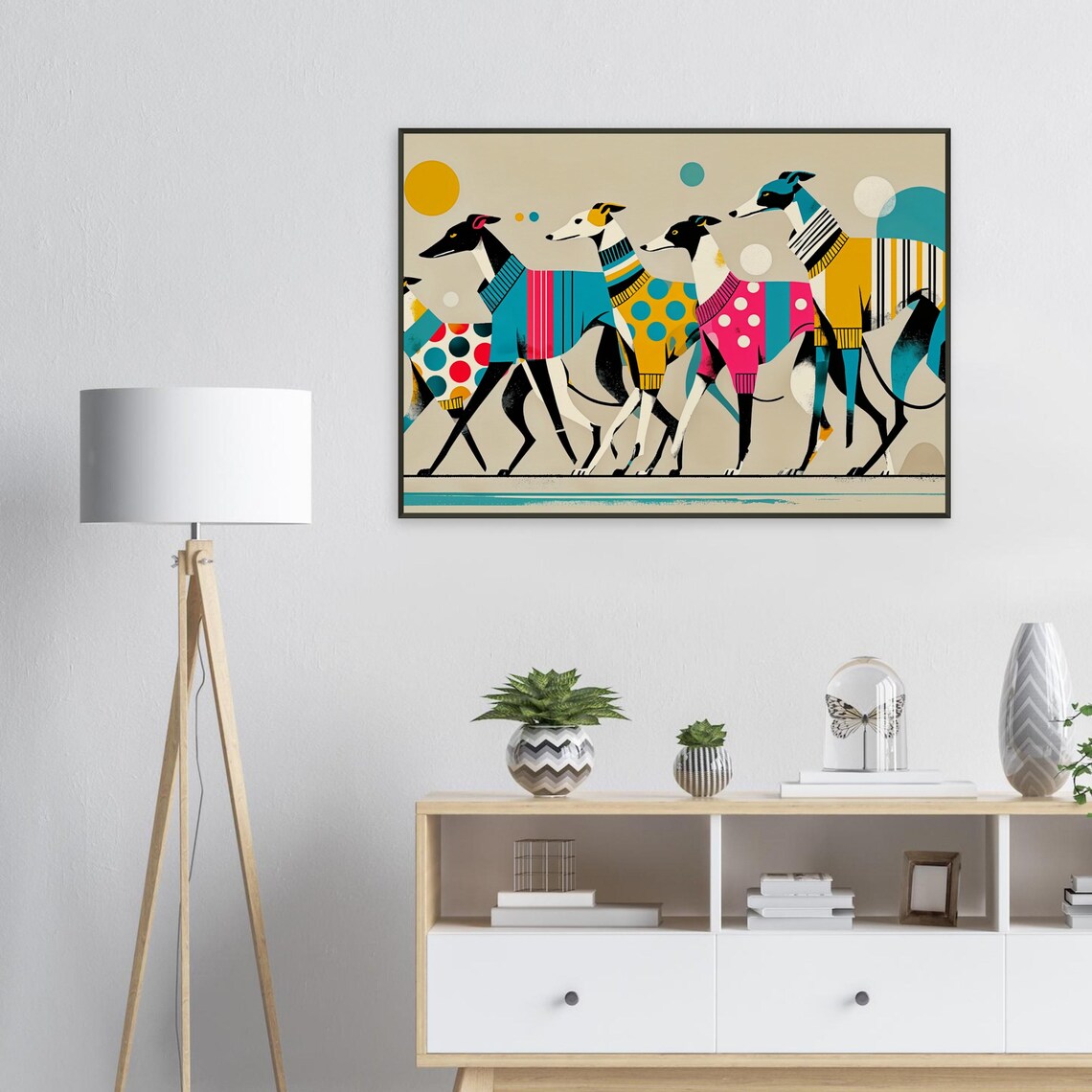 Stylish Greyhounds Walking Colorful Geometric Dog Sweaters Art Poster - Image 2