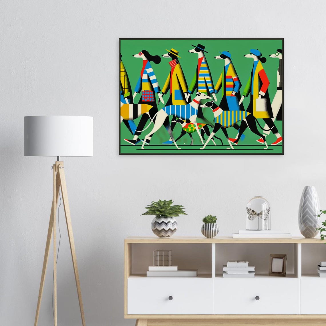 Stylish Women Walking Patterned Cats Mid Century Modern Art Poster - Image 2