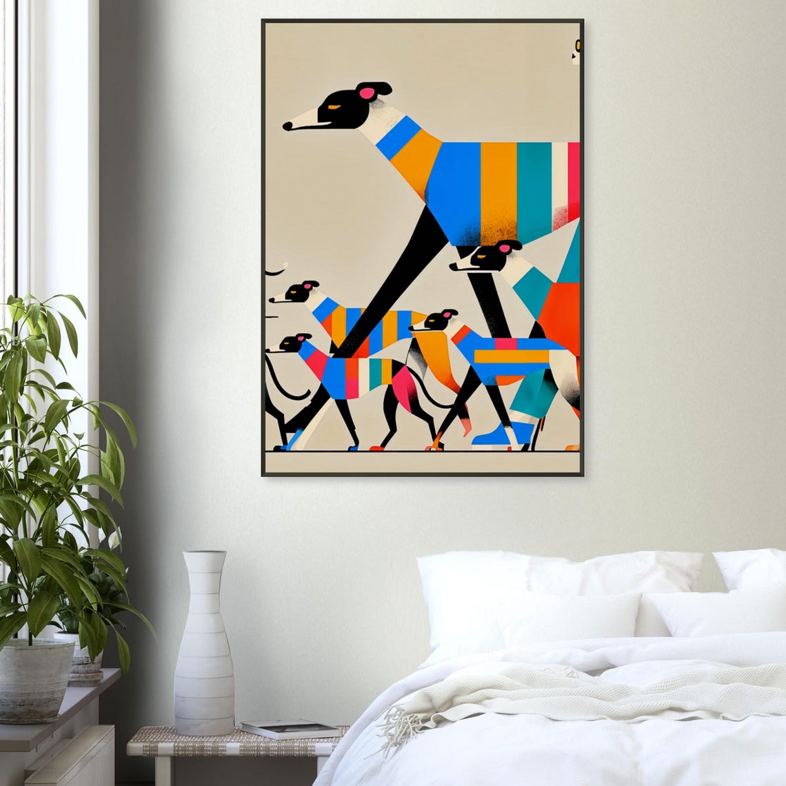 Colorful Greyhound Pack Walk Blue Scarf Geometric Modern Dog Poster - Image 2