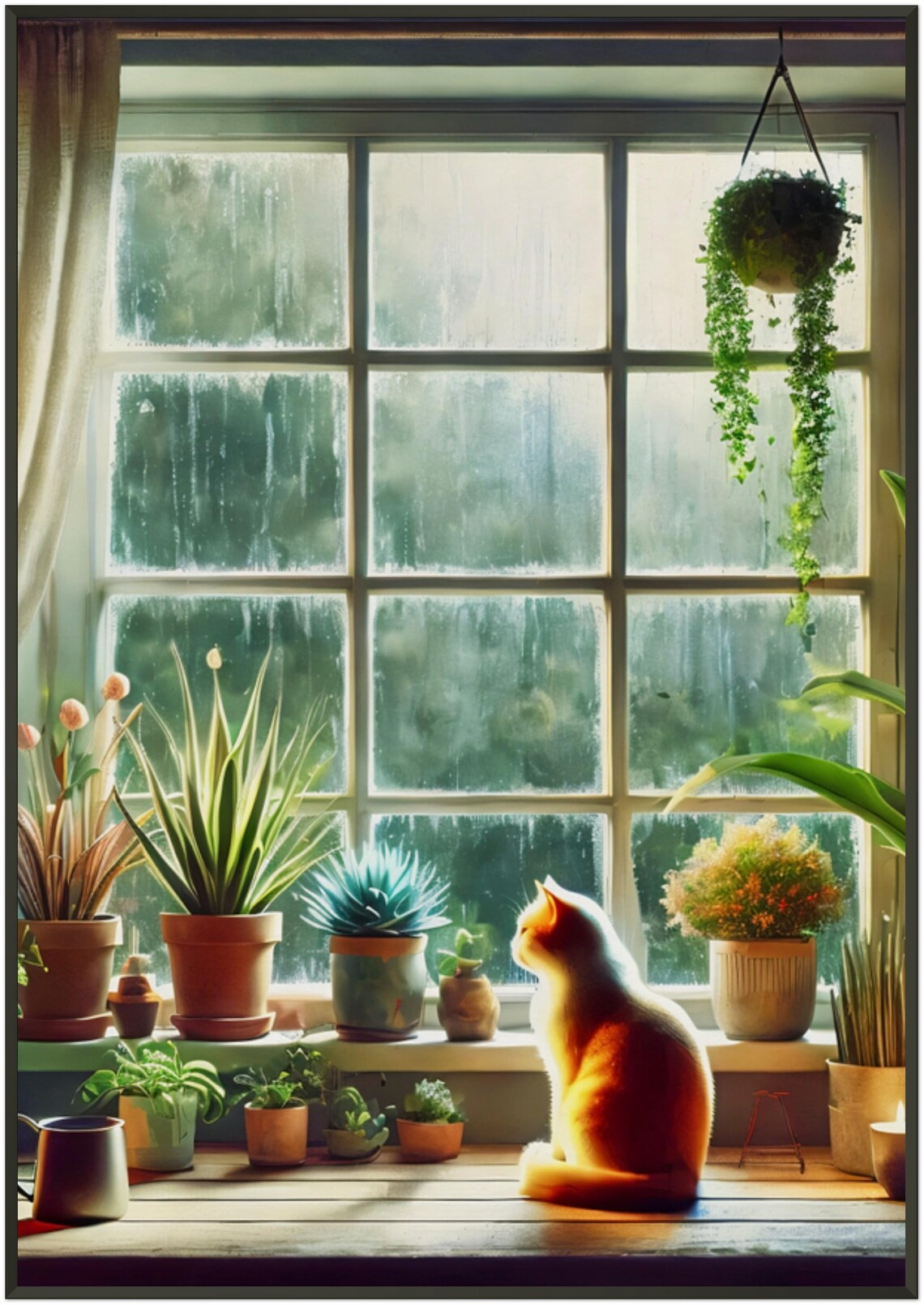 Ginger Cat Rainy Window Houseplant Cozy Warm Lamp Light Poster - Image 5