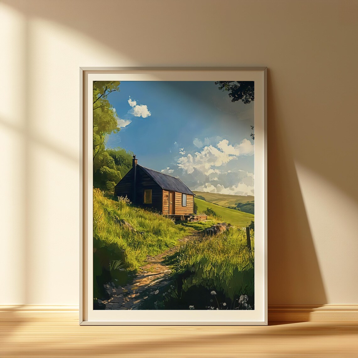 Cozy Cabin In Sunny Green Countryside Wildflower Meadow Art Poster - Image 4