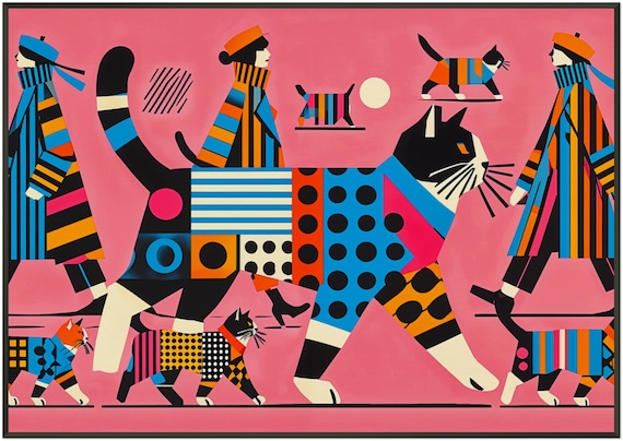 Women Strolling with Giant Patchwork Cat Pink Pop Art Poster