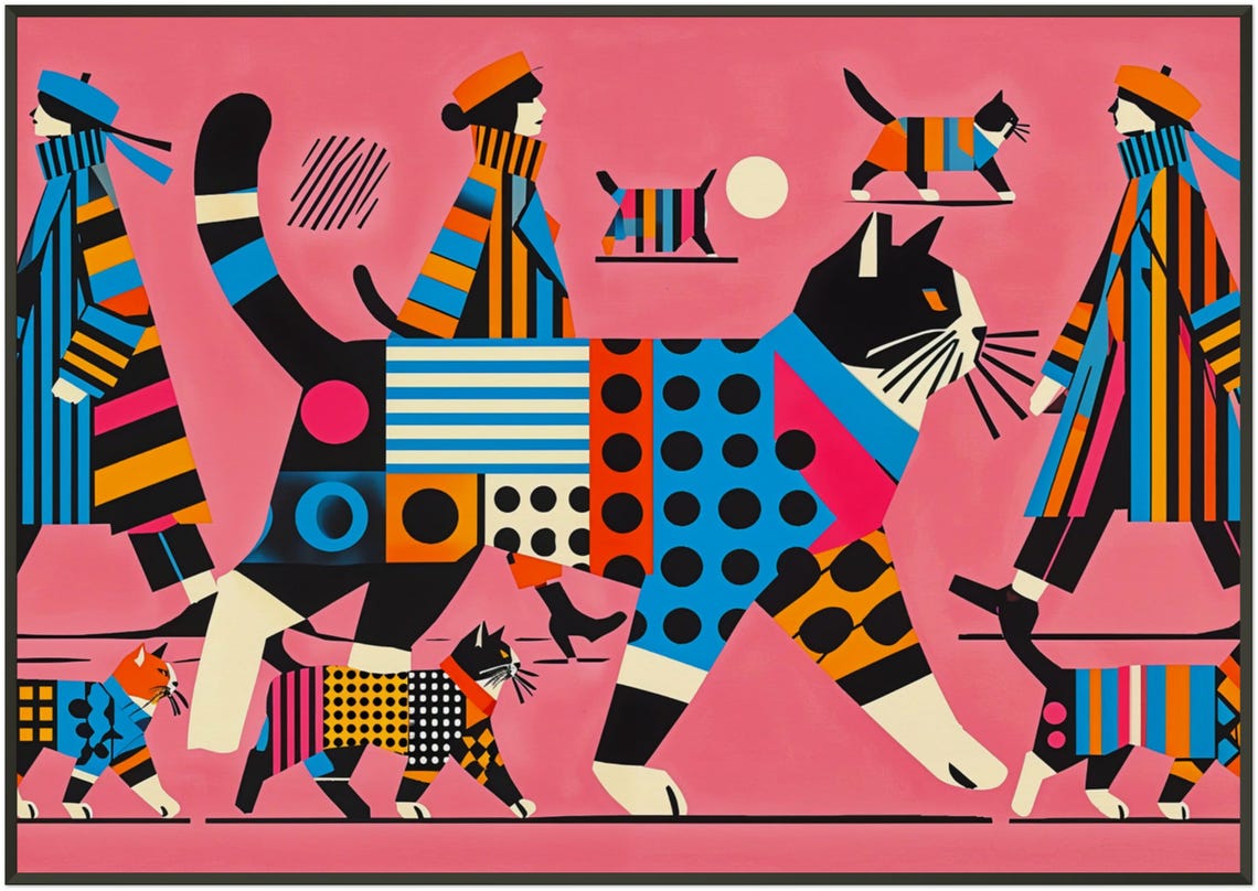 Women Strolling with Giant Patchwork Cat Pink Pop Art Poster