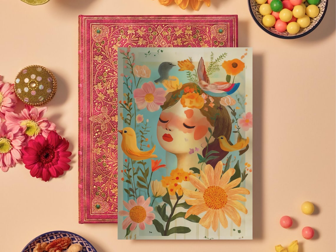Vintage Floral Lady Portrait Songbirds Printable Digital Art Poster - Image 3