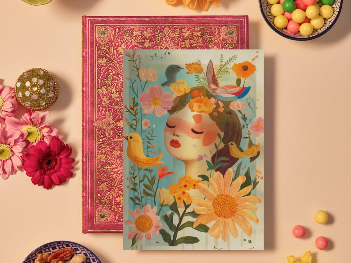 Vintage Floral Lady Portrait With Bright Songbirds Boho Art Poster - Image 3