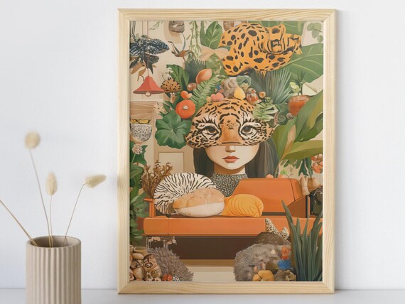Tropical Woman Portrait Print Boho Living Room Wall Art Print Jungle Artwork Eclectic Botanical Art Maximalist Poster Abstract Wall Art