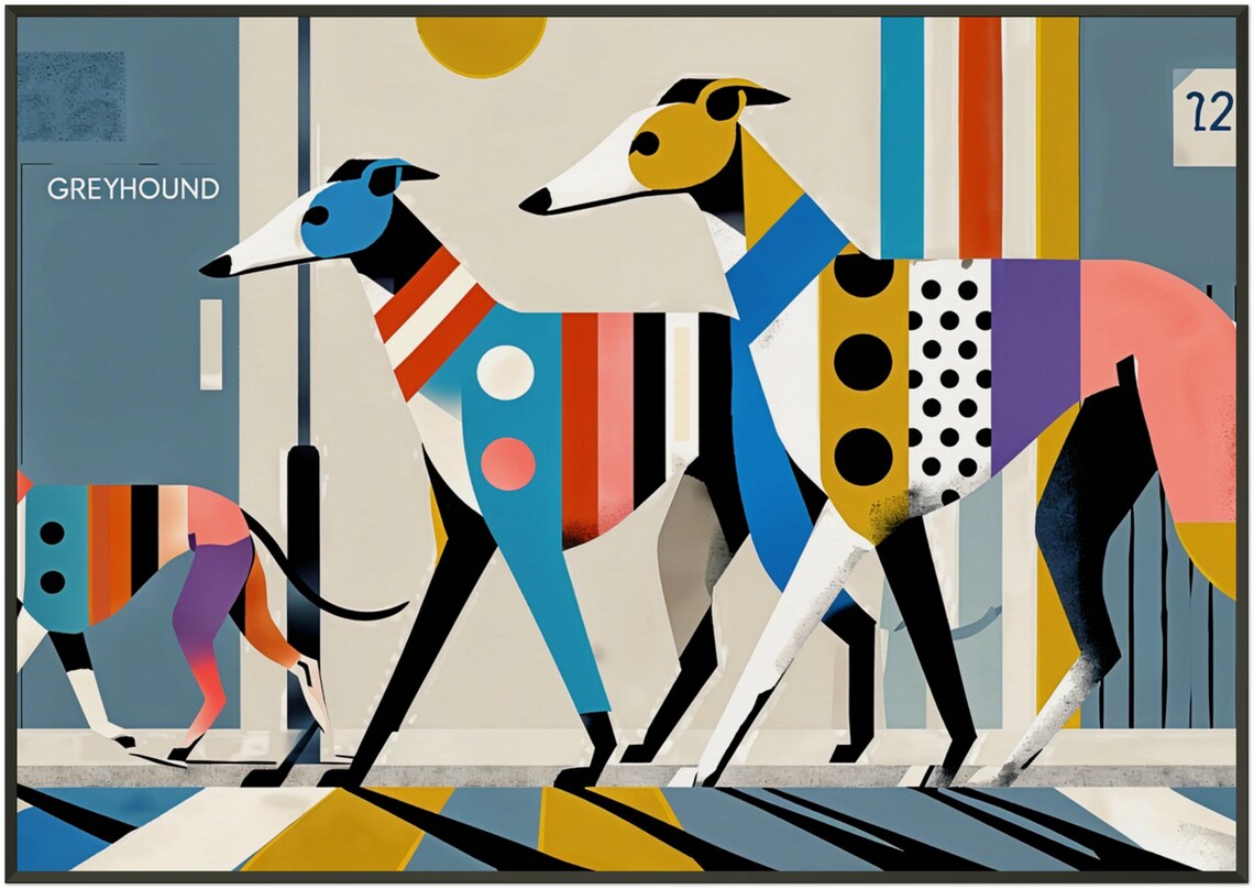 Greyhound Duo Retro City Scene Stylish Geometric Dog Walk Poster