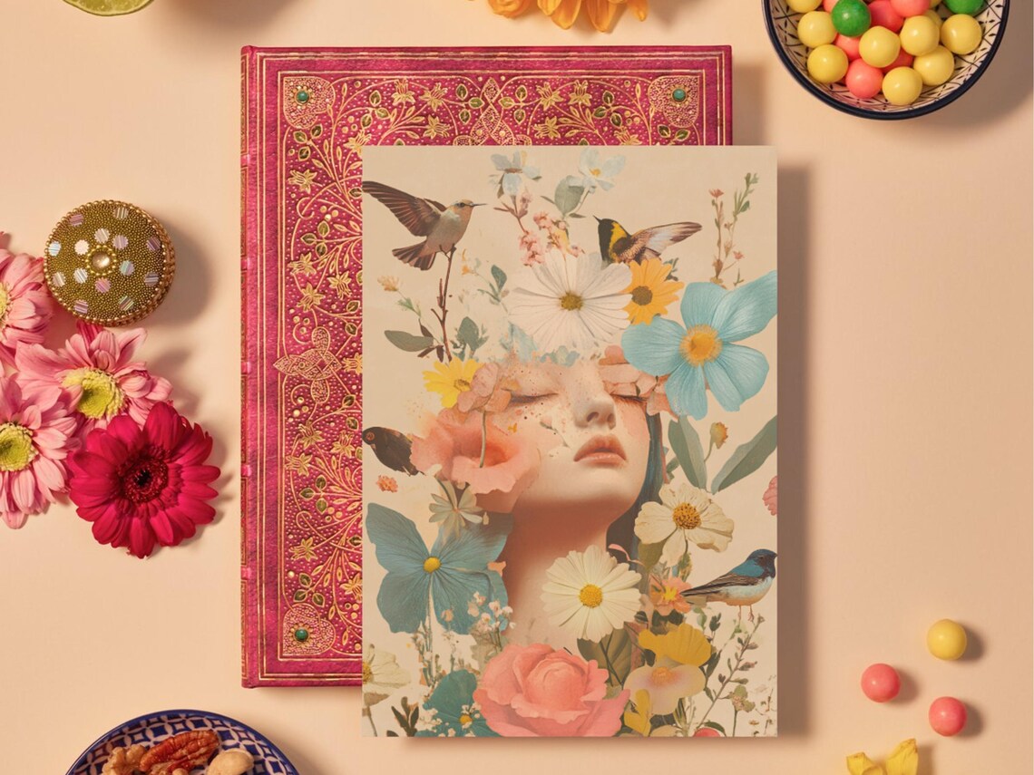 Vintage Floral Lady Portrait Butterflies Birds Boho Art Poster - Image 3