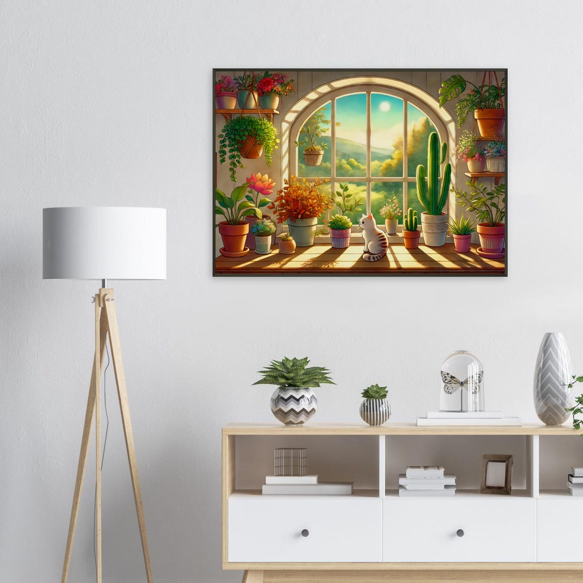 White Cat Sunlit Windowsill Houseplant Cozy Illustration Poster - Image 2