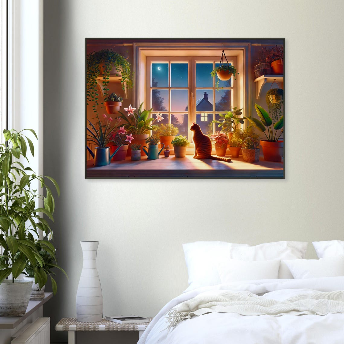Ginger Tabby Cat Moonlit Night Window Plants Illustration Poster - Image 4