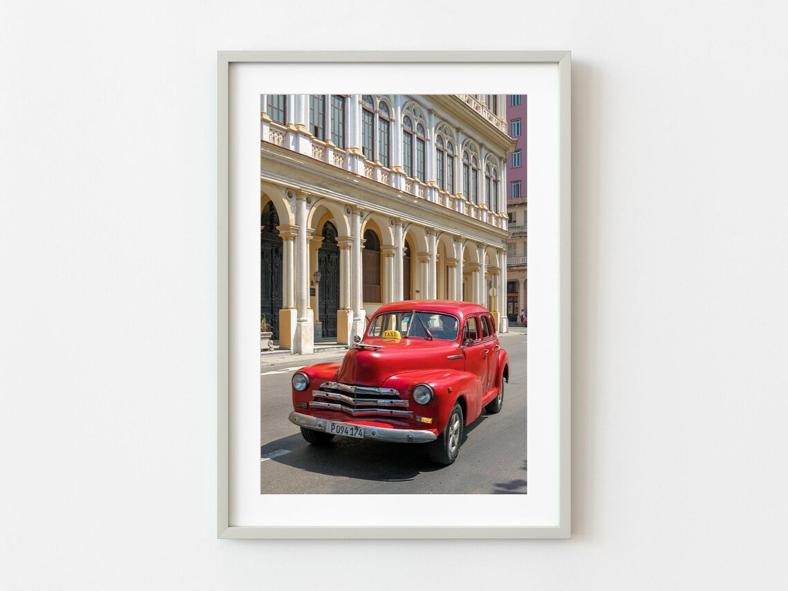 Classic Red Taxi Cab in Havana Cuba Colonial Arcade Street Poster