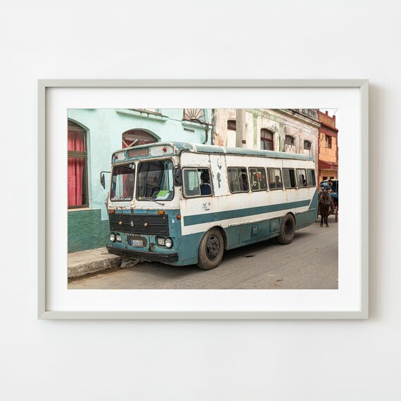 Retro Vintage Public Bus On Old Street Color Travel Photo Poster