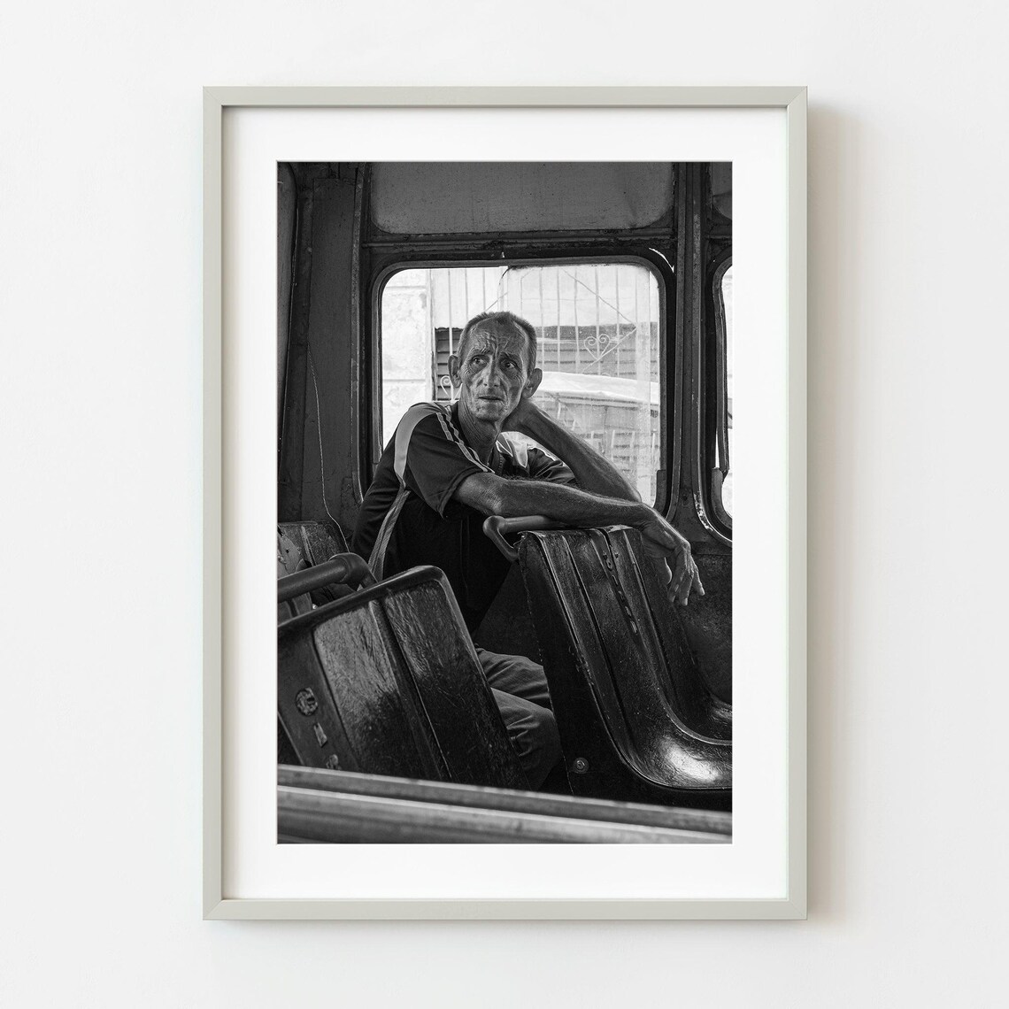 Pensive Man Resting On A Bus Black And White Street Photography Poster