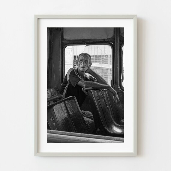 Pensive Man Resting On A Bus Black And White Street Photography Poster