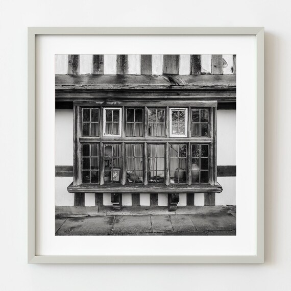 Tudor Style Timber Framed Oriel Window Black and White Photo Poster